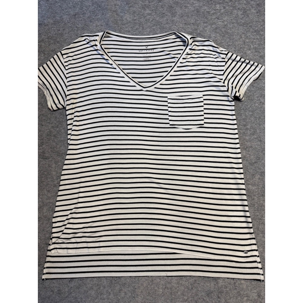 American Eagle Soft & Sexy Striped V-Neck Pocket T-Shirt Womens L Black White